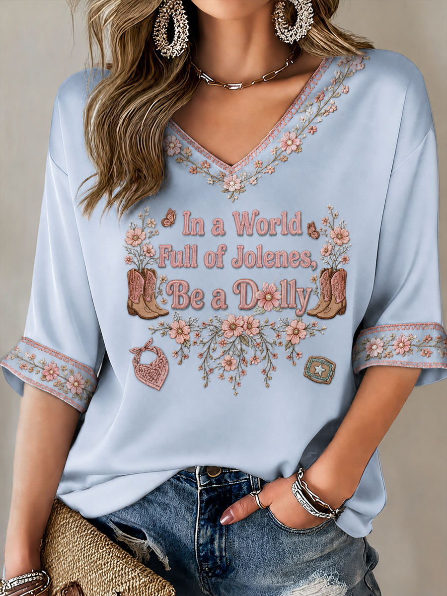 Women's Rip Country Music Lover Printed Mid-length Sleeves V-Neck T-Shirt