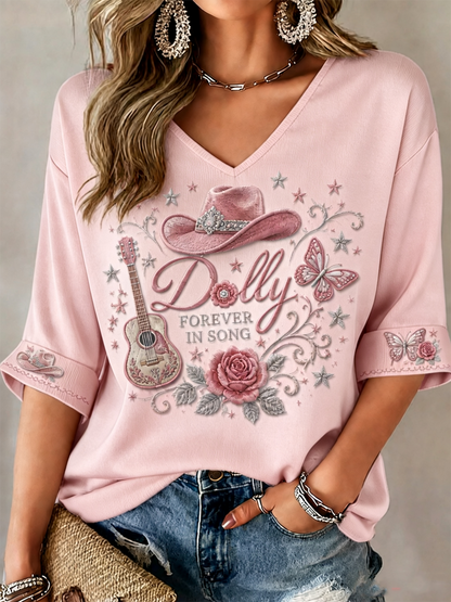 Women's Rip Country Music Lover Printed Mid-length Sleeves V-Neck T-Shirt