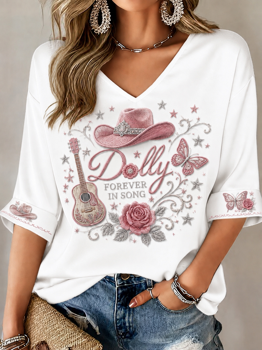 Women's Rip Country Music Lover Printed Mid-length Sleeves V-Neck T-Shirt