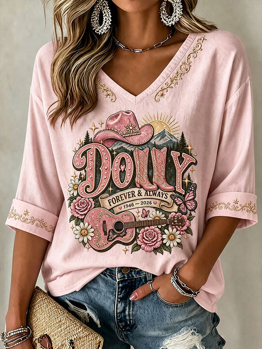 Women's Rip Country Music Printed Mid-length Sleeves V-Neck T-Shirt