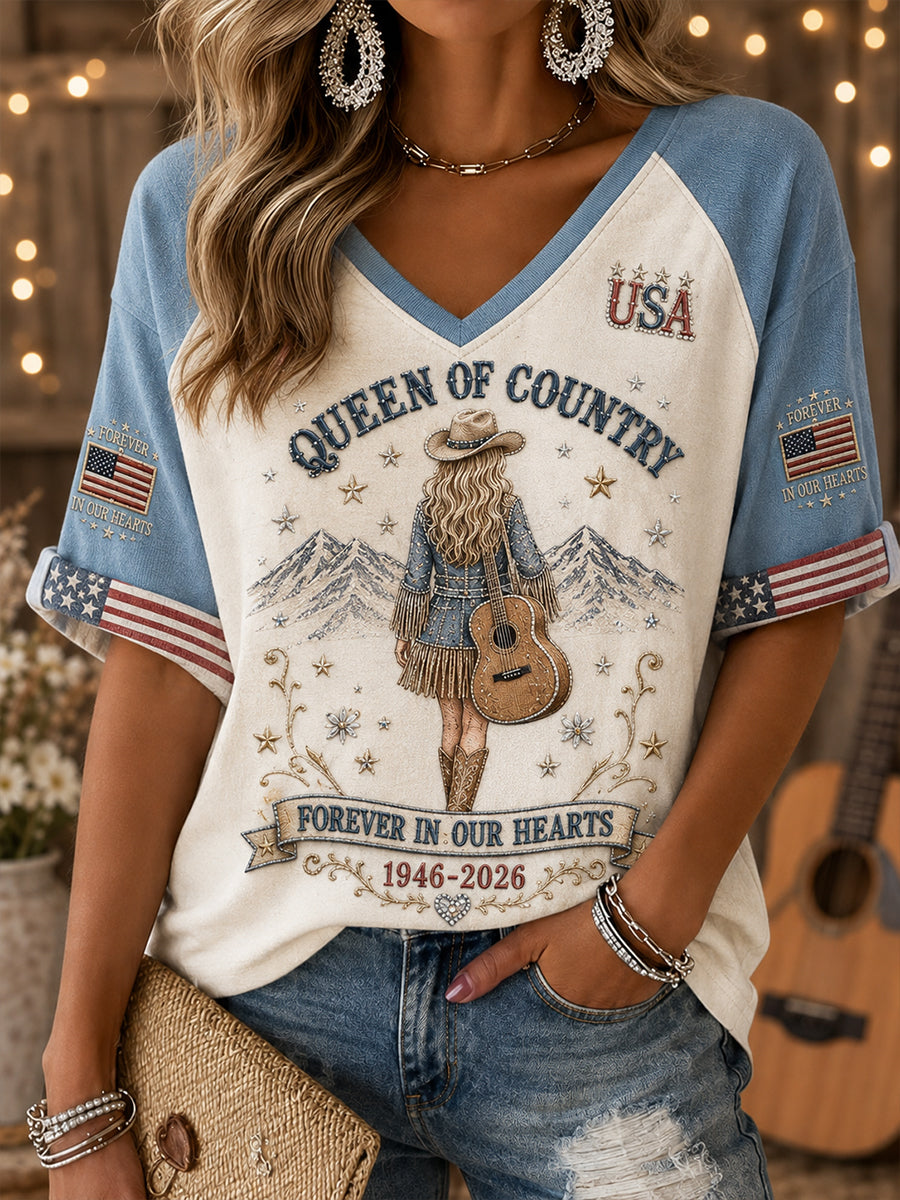 Women's Country Singer Tribute Graphic V-Neck Long-Sleeve Top