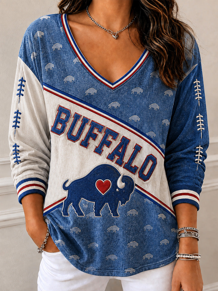 Women's Football Lover Buffalo Print Casual V-Neck Top