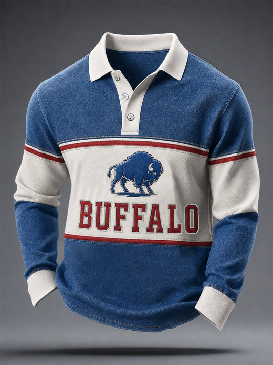 Men's Football Lover Buffalo Print Casual Long Sleeve Polo