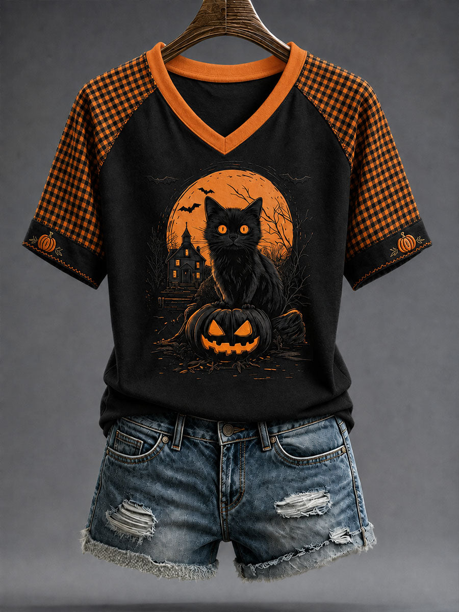 Women's Halloween Black Cat Short-Sleeve T-Shirt