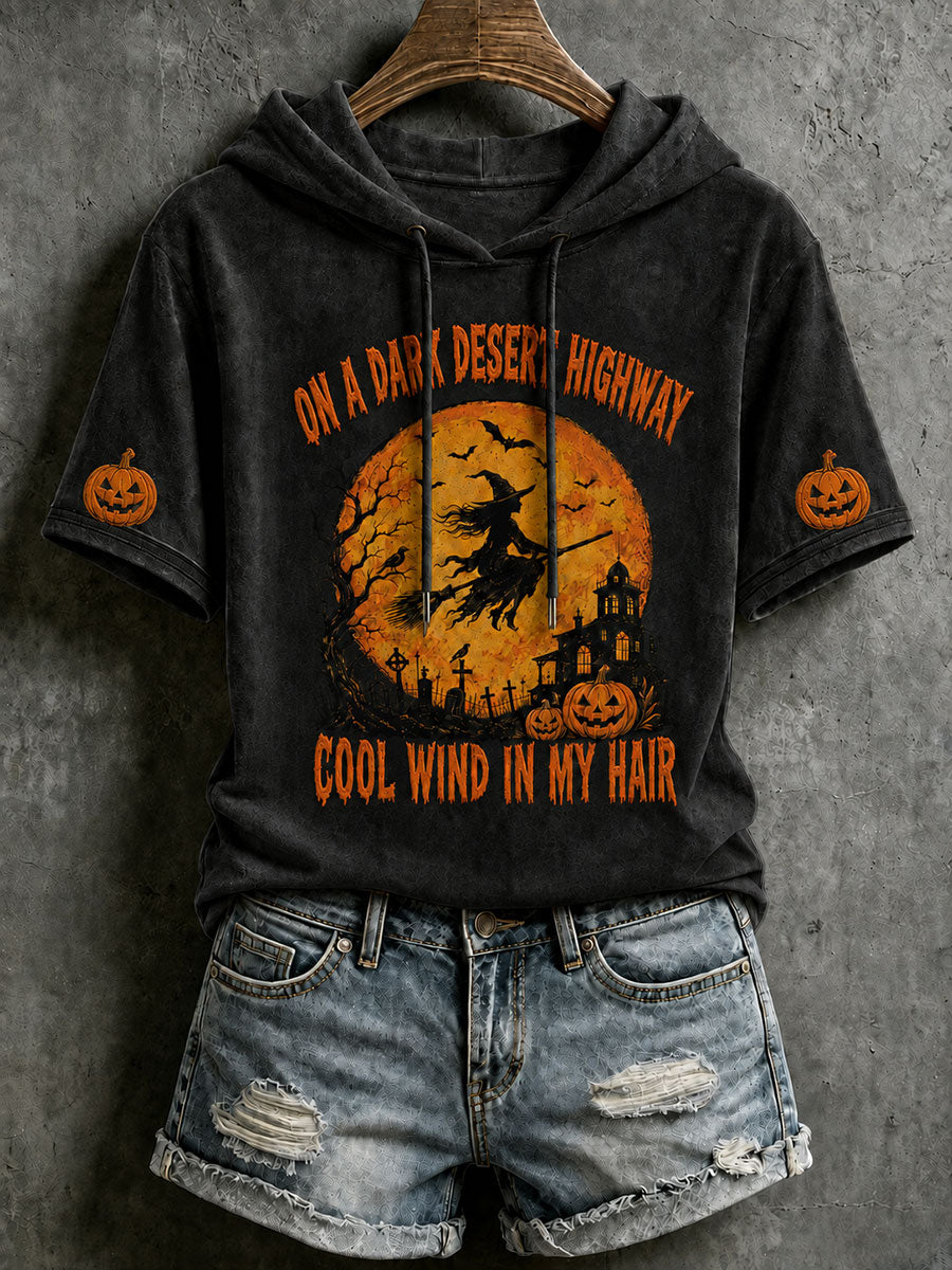 Women's Halloween Witch Embroidery Short-Sleeve Hooded T-Shirt