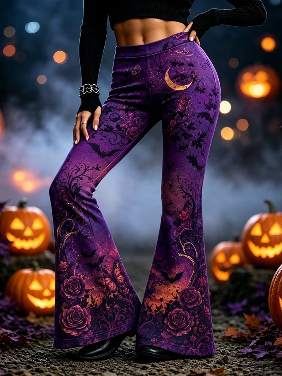 Women's Halloween Gothic Floral Rose Bat Moon Printed Pants