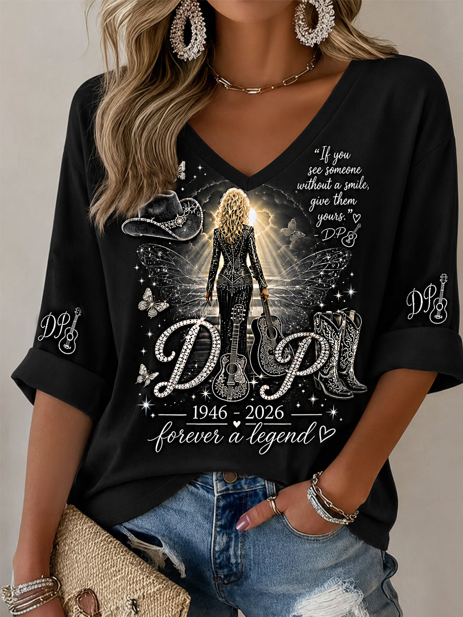 Women's We Will Always Love You Thank You Country Music Legend Tribute Half-Sleeves V-Neck T-Shirt