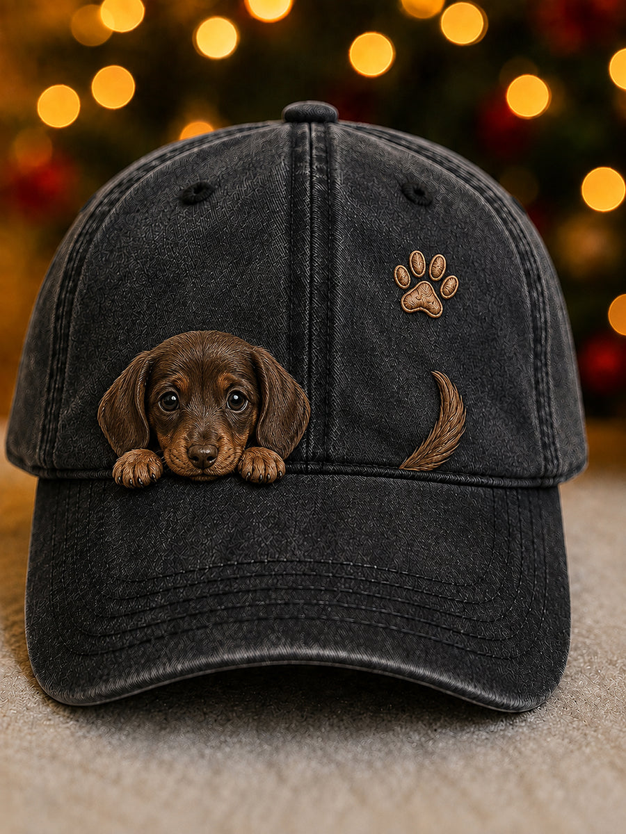 Cute Peeking Dachshund Dog & Paw Print Vintage Washed Hat