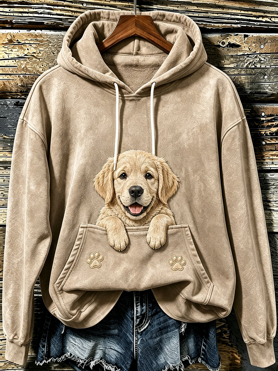 Women's Lovely Peeking Golden Retriever & Paws Print Hooded Sweatshirt