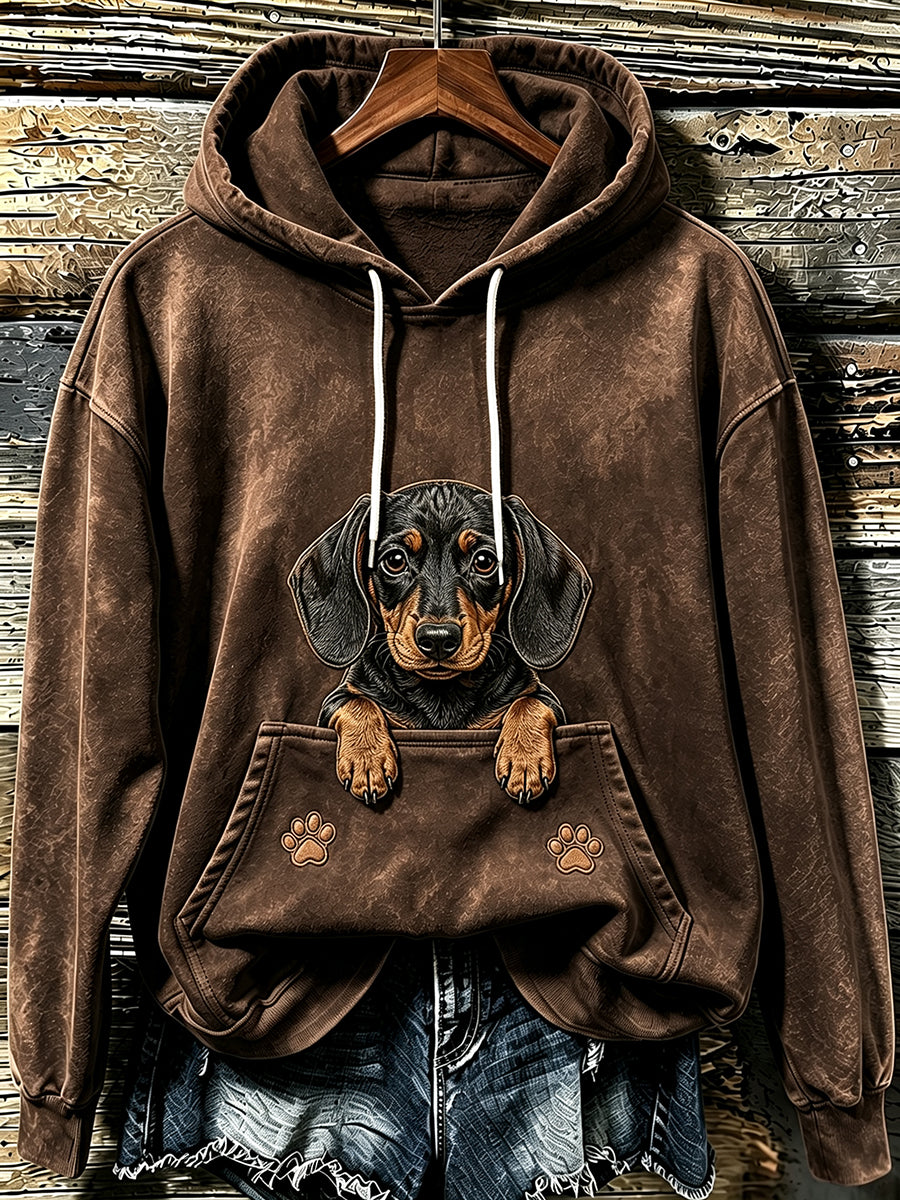 Women's Lovely Peeking Dachshund & Paws Print Hooded Sweatshirt