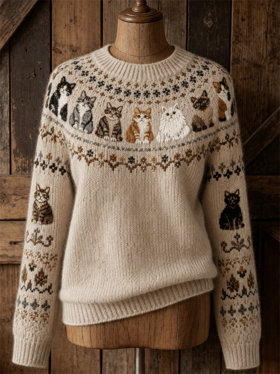 Women's Vintage Cats Yoke Isle Pattern Print Cozy crew neck sweater