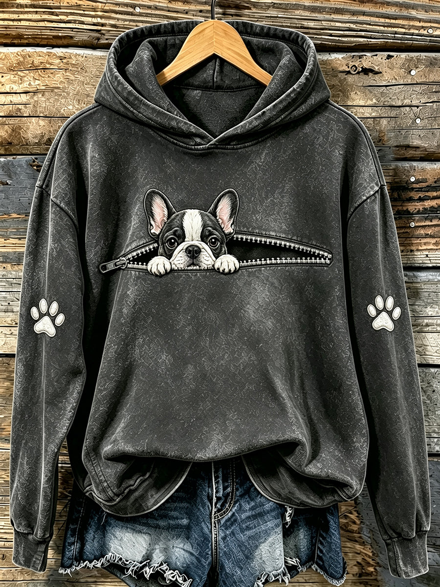 Women's Cute Peeking French Bulldog & Paws Print Hooded Sweatshirt