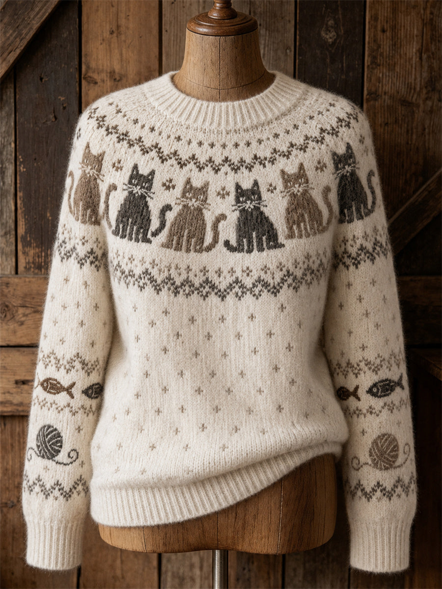 Women's Vintage Cats Yoke Isle Pattern Print Cozy crew neck sweater