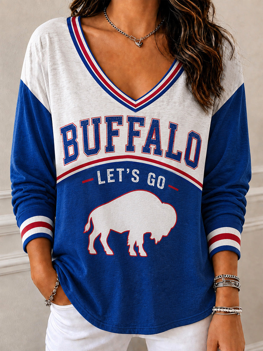 Women's Football Lover Buffalo Print Casual V-Neck Top