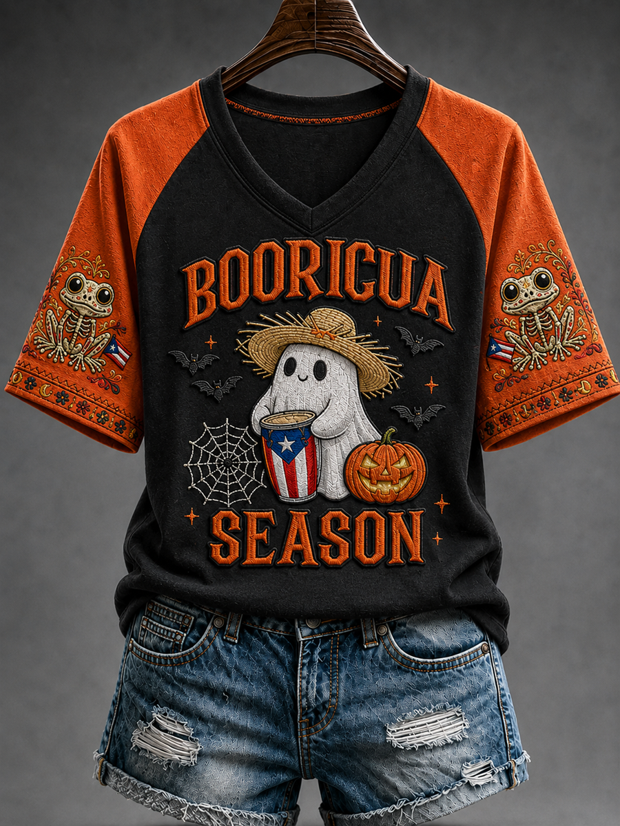 Women's Halloween in Puerto Rico V-neck off-shoulder short-sleeved T-shirt