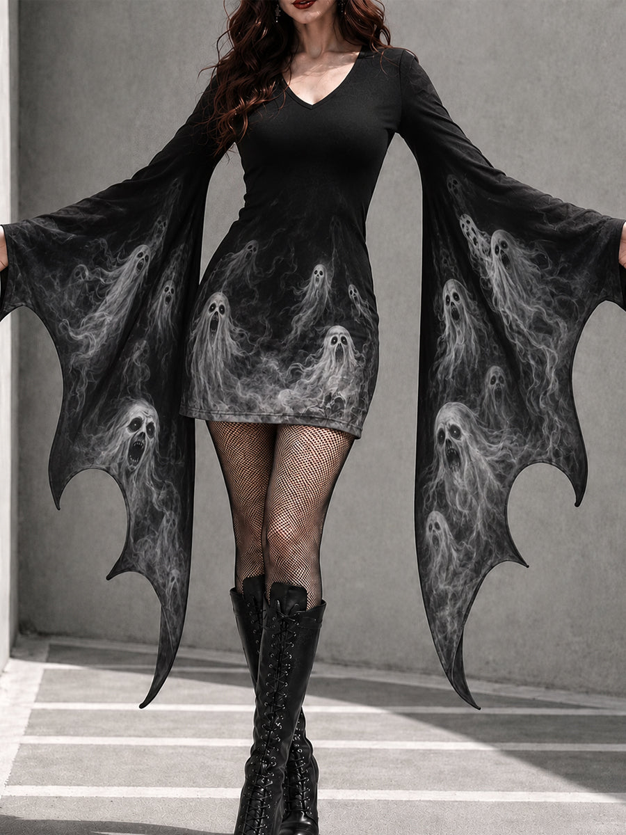 Women's Gothic Halloween Ghost Print Batwing Sleeve V-Neck Costume Dress