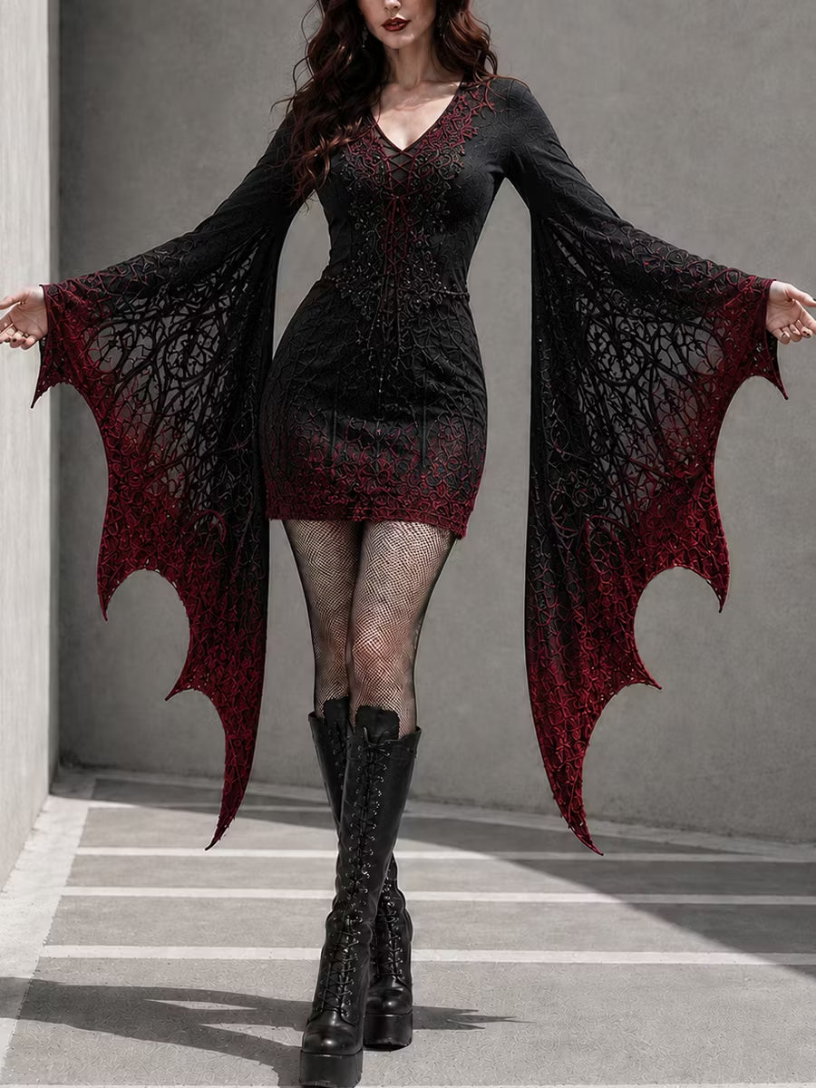 Women's Gothic Halloween Print Batwing Sleeve V-Neck Costume Dress