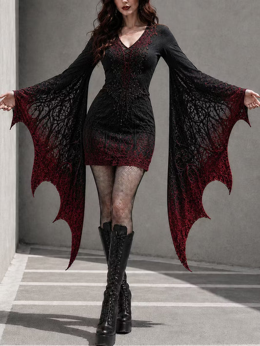 Women's Gothic Halloween Print Batwing Sleeve V-Neck Costume Dress