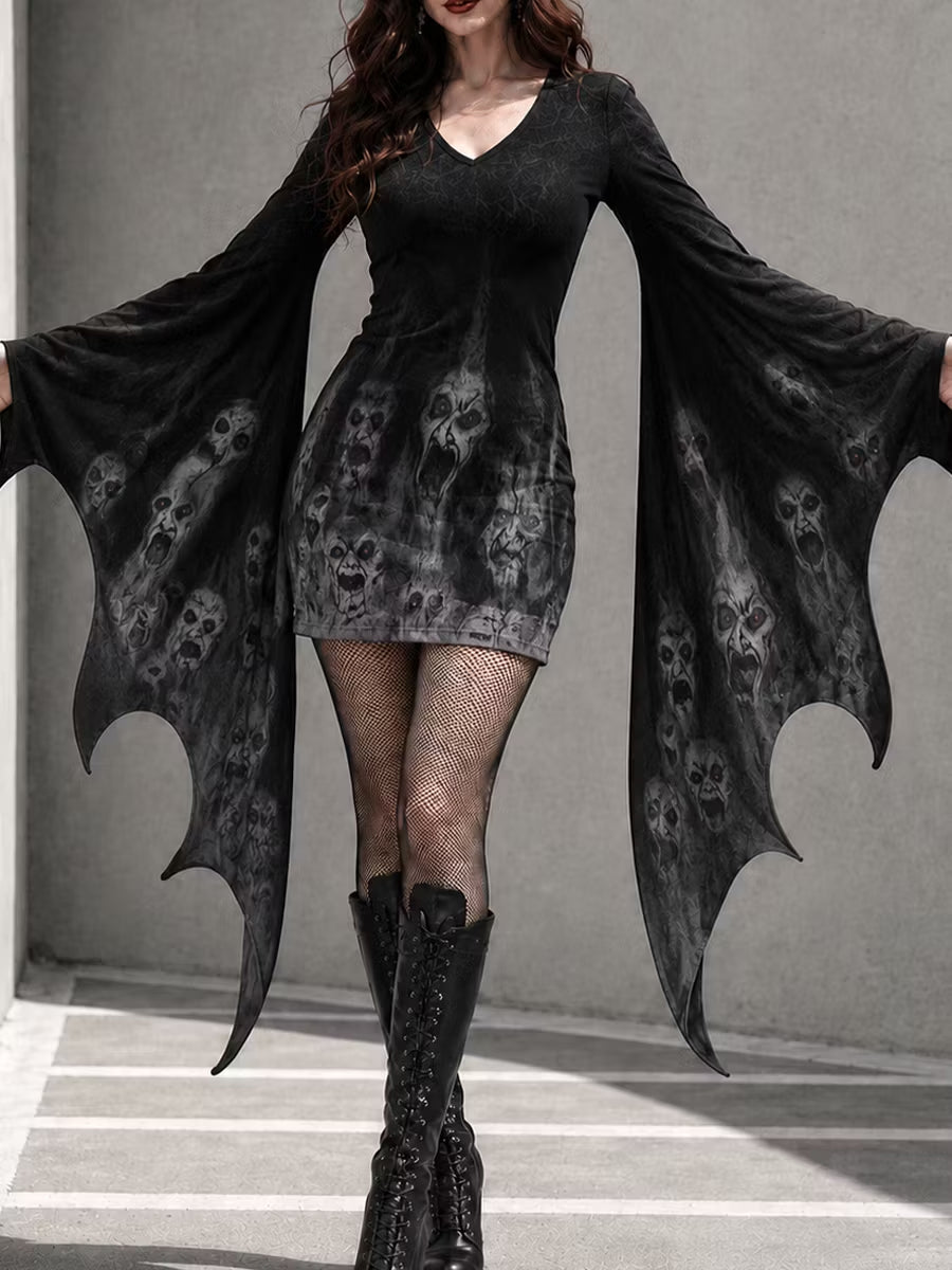 Women's Gothic Halloween Ghost Print Batwing Sleeve V-Neck Costume Dress