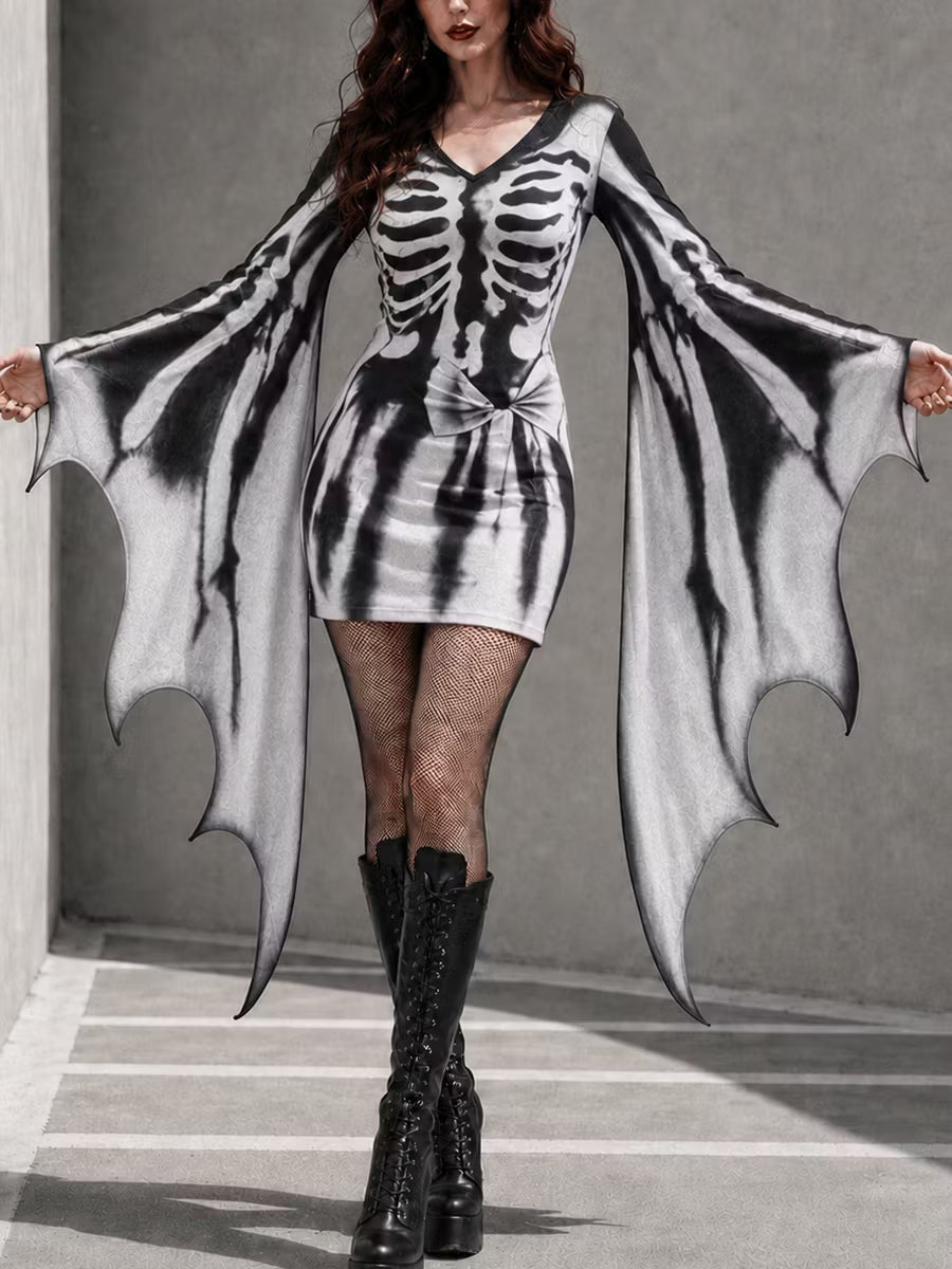 Women's Gothic Halloween Print Batwing Sleeve V-Neck Costume Dress