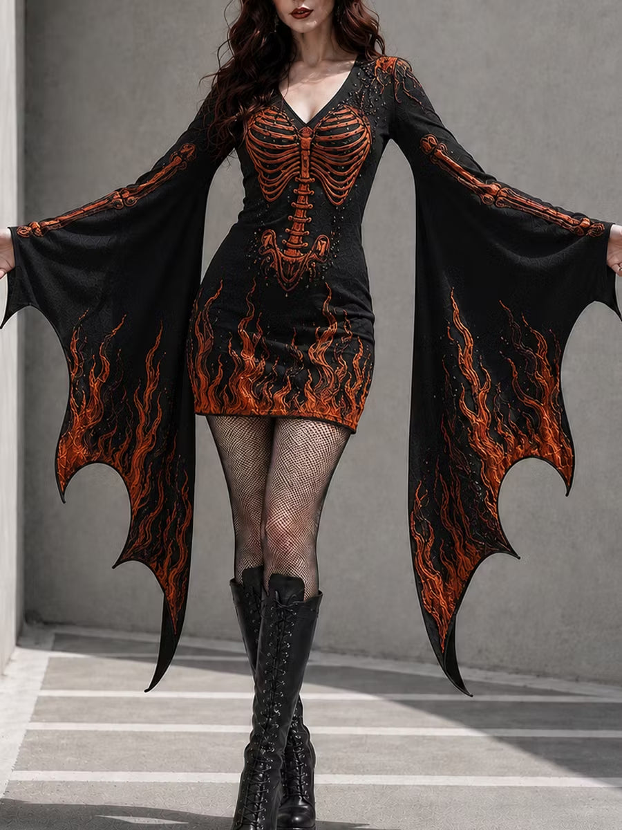 Women's Gothic Halloween Print Batwing Sleeve V-Neck Costume Dress