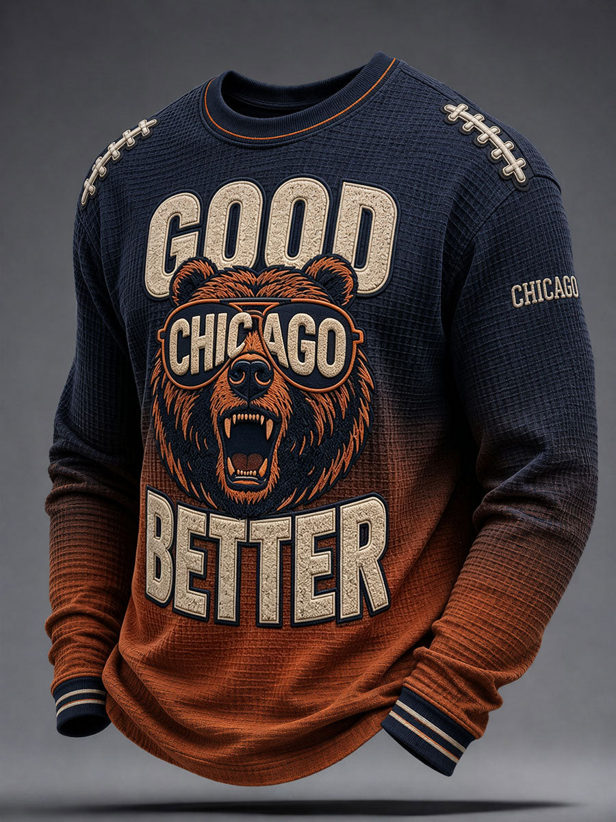Men's Chicago Football Lover Bear Art Printed Waffle Sweatshirt