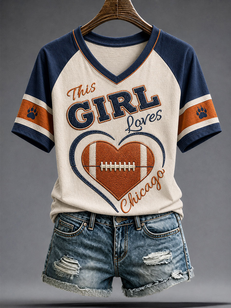 Women's Chicago Football Lover Bear Art Printed T-shirt