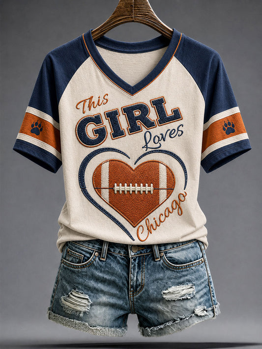 Women's Chicago Football Lover Bear Art Printed T-shirt