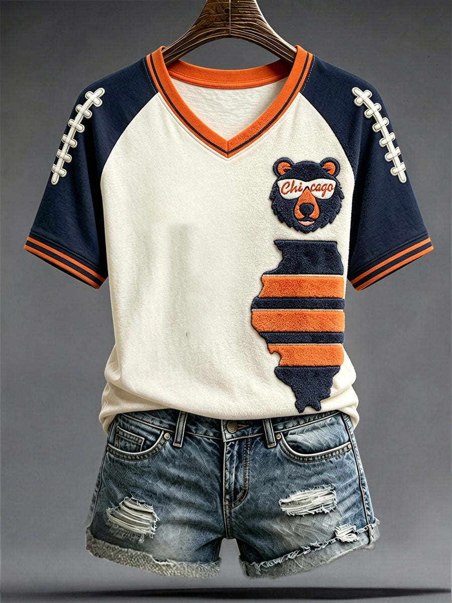 Women's Chicago Football Lover Bear Art Printed T-shirt
