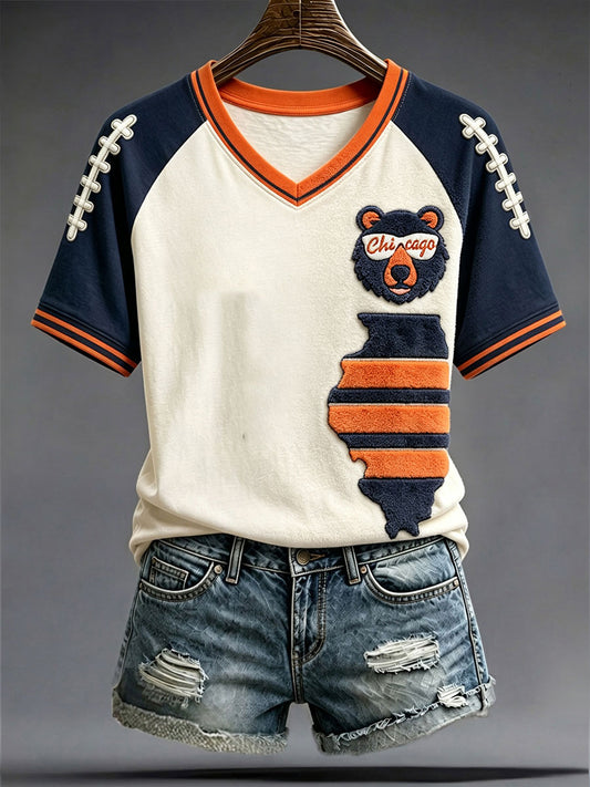 Women's Chicago Football Lover Bear Art Printed T-shirt