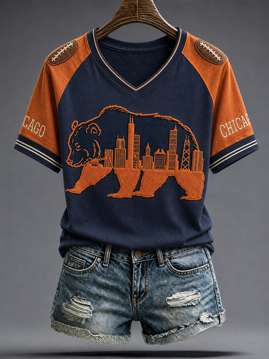 Women's Chicago Football Lover Bear Art Printed T-shirt