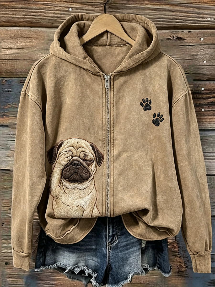 Women's Funny Helpless Pug Dog & Paw Print Full Zip Cozy Hoodie