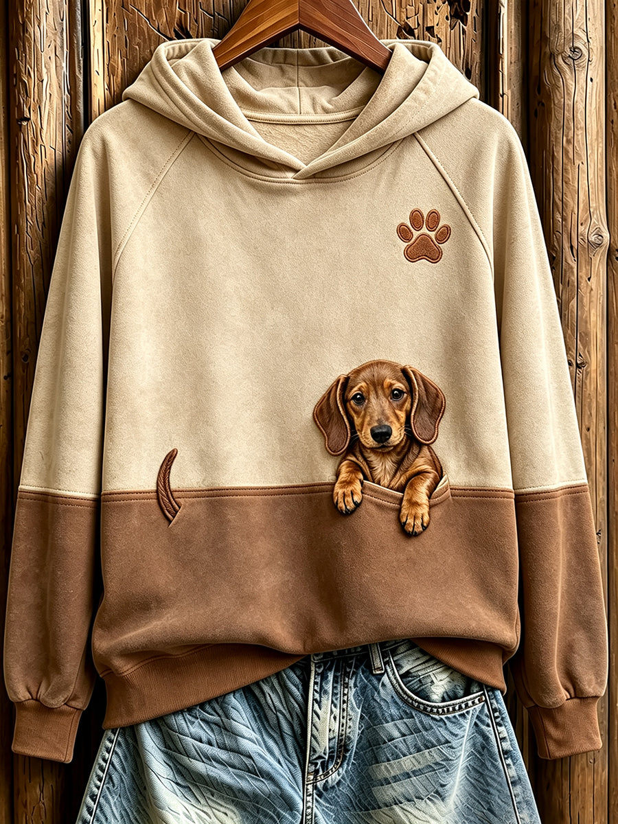 Women's  Peeking Dachshund & Paw Print Contrast Color Cozy Sweatshirt