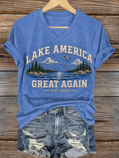 Women's Lake America Iron On Short Sleeve T-Shirt