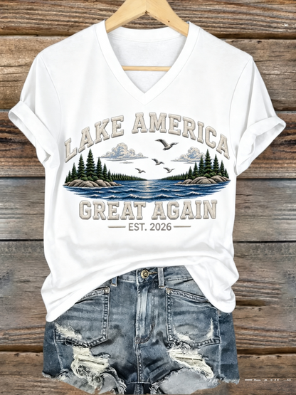 Women's Lake America Iron On Short Sleeve T-Shirt