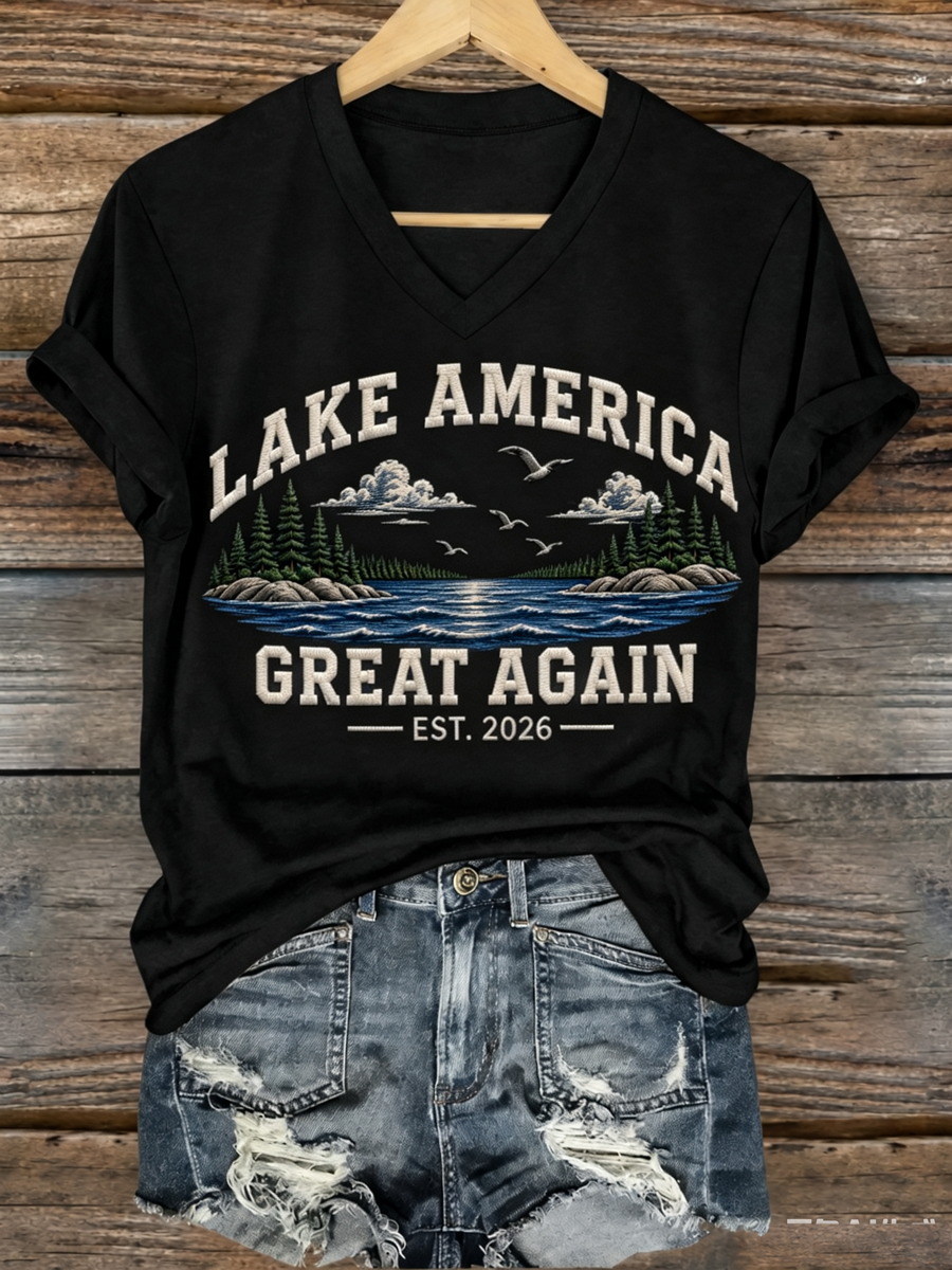 Women's Lake America Iron On Short Sleeve T-Shirt