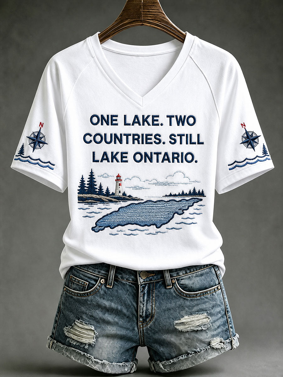 Women's One Lake Two Countries Still Lake Ontario V-neck T-shirt
