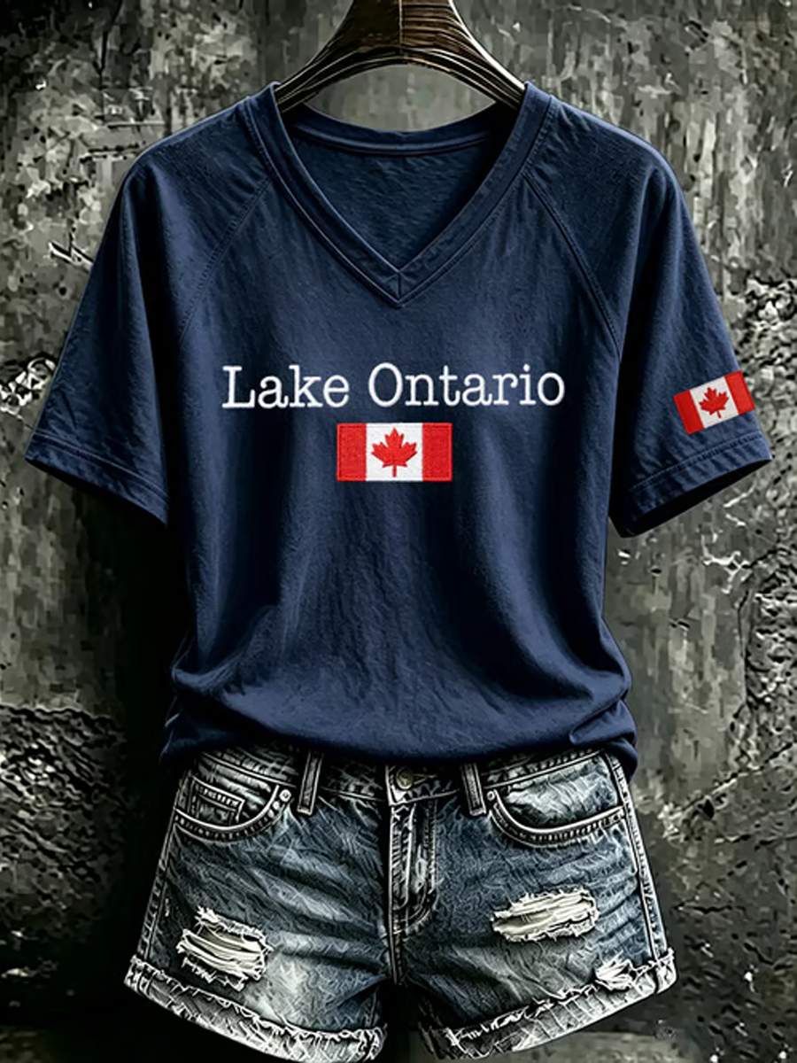 Women's Lake Ontario V-neck off-shoulder short-sleeved T-shirt