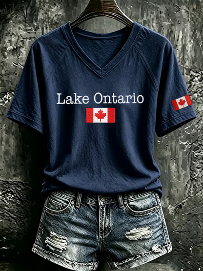 Women's Lake Ontario V-neck off-shoulder short-sleeved T-shirt