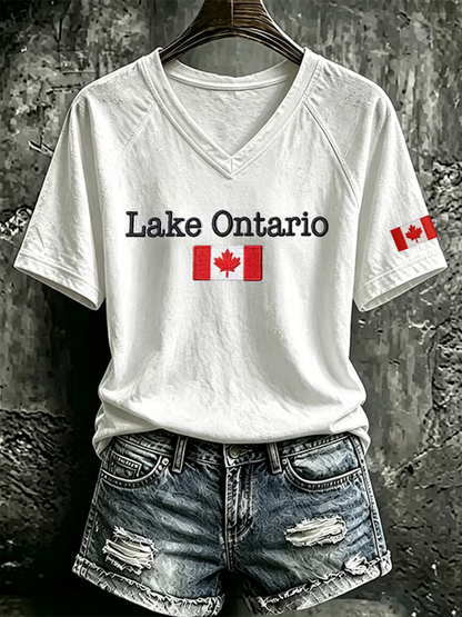 Women's Lake Ontario V-neck off-shoulder short-sleeved T-shirt
