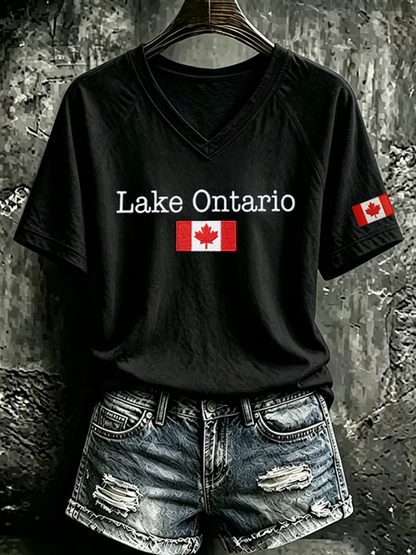 Women's Lake Ontario V-neck off-shoulder short-sleeved T-shirt