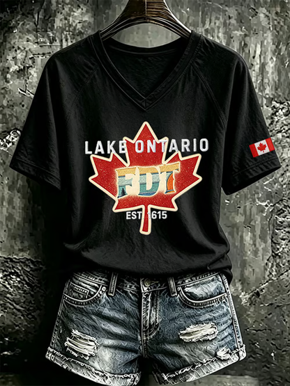 Women's Lake Ontario V-neck off-shoulder short-sleeved T-shirt