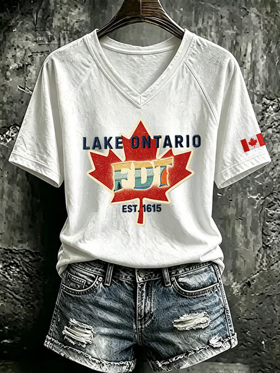 Women's Lake Ontario V-neck off-shoulder short-sleeved T-shirt