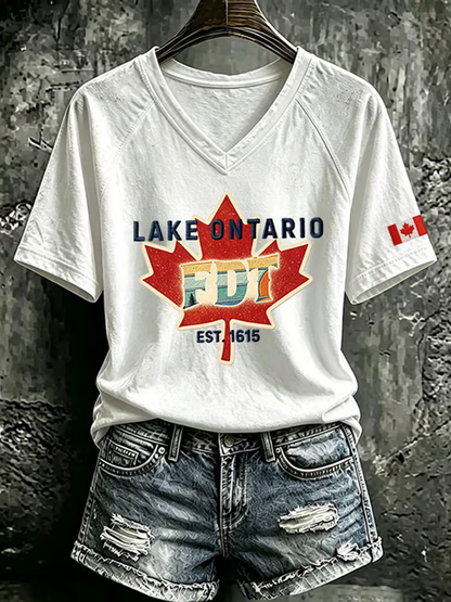 Women's Lake Ontario V-neck off-shoulder short-sleeved T-shirt