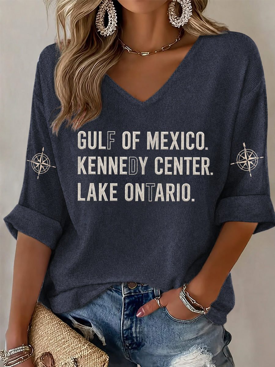 Women's Gulf Of Mexico Kennedy Center Lake Ontario Print Half-Sleeve V-Neck T-Shirt