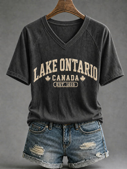 Women's Lake Ontario Est 1615  V-Neck Short SleeveT-shirt