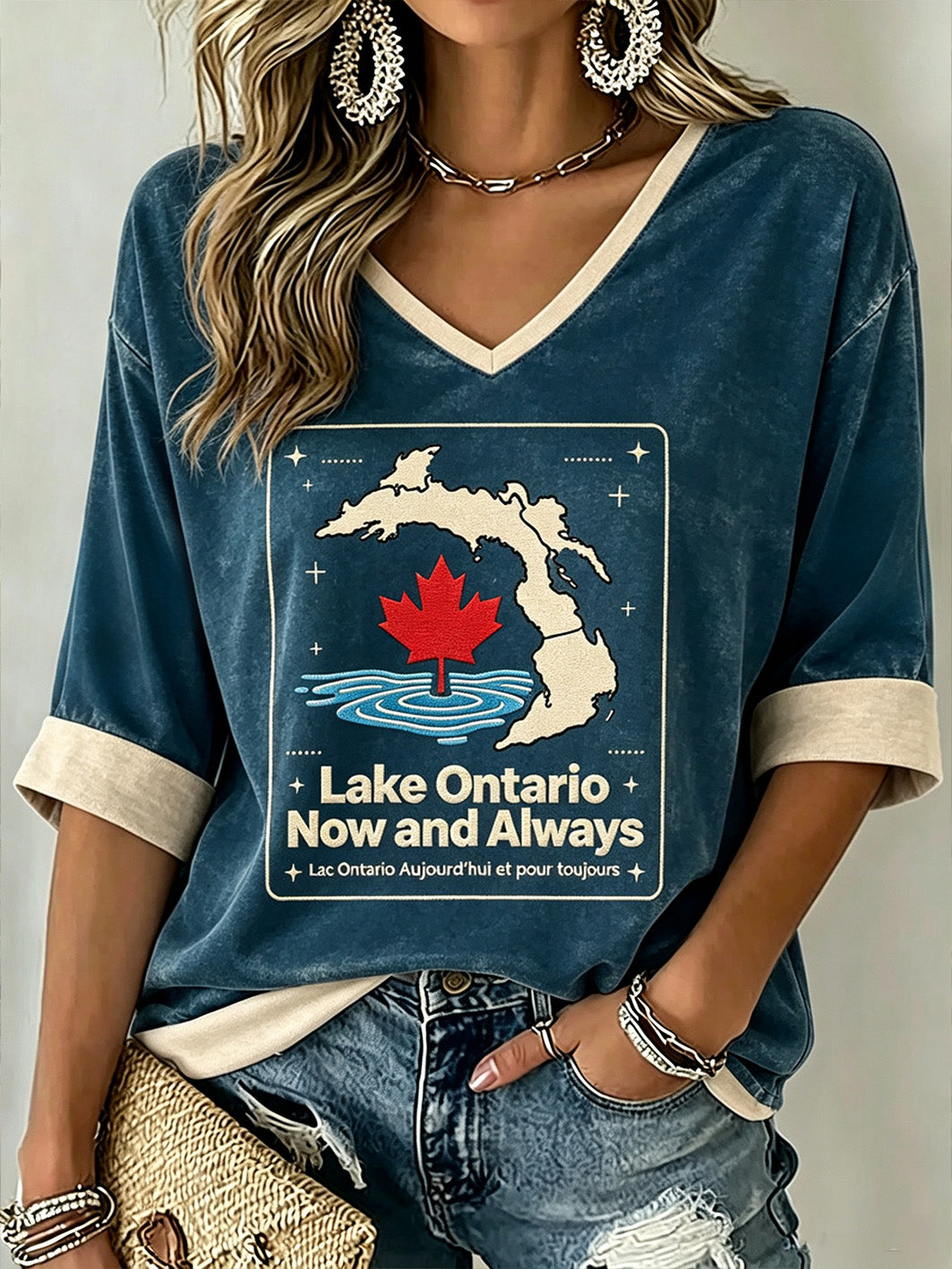 Women's Lake Ontario Now and Always Slogan Mid-length Sleeves V-Neck T-Shirt