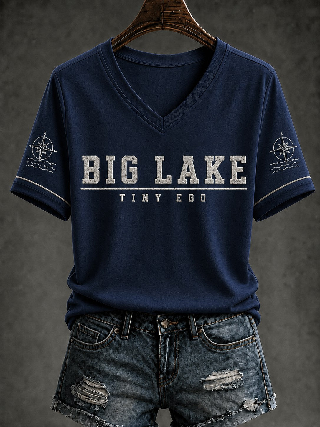 Women's BIG LAKE TINY EGO Printed V-neck T-shirt