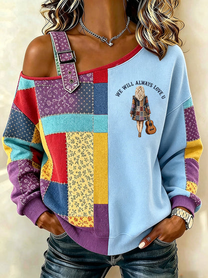 Women's Country Music Lover We Will Always Love U 925 Printed  Casual Off-Shoulder Sweatshirt