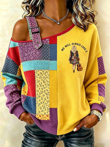 Women's Country Music Lover We Will Always Love U 925 Printed  Casual Off-Shoulder Sweatshirt